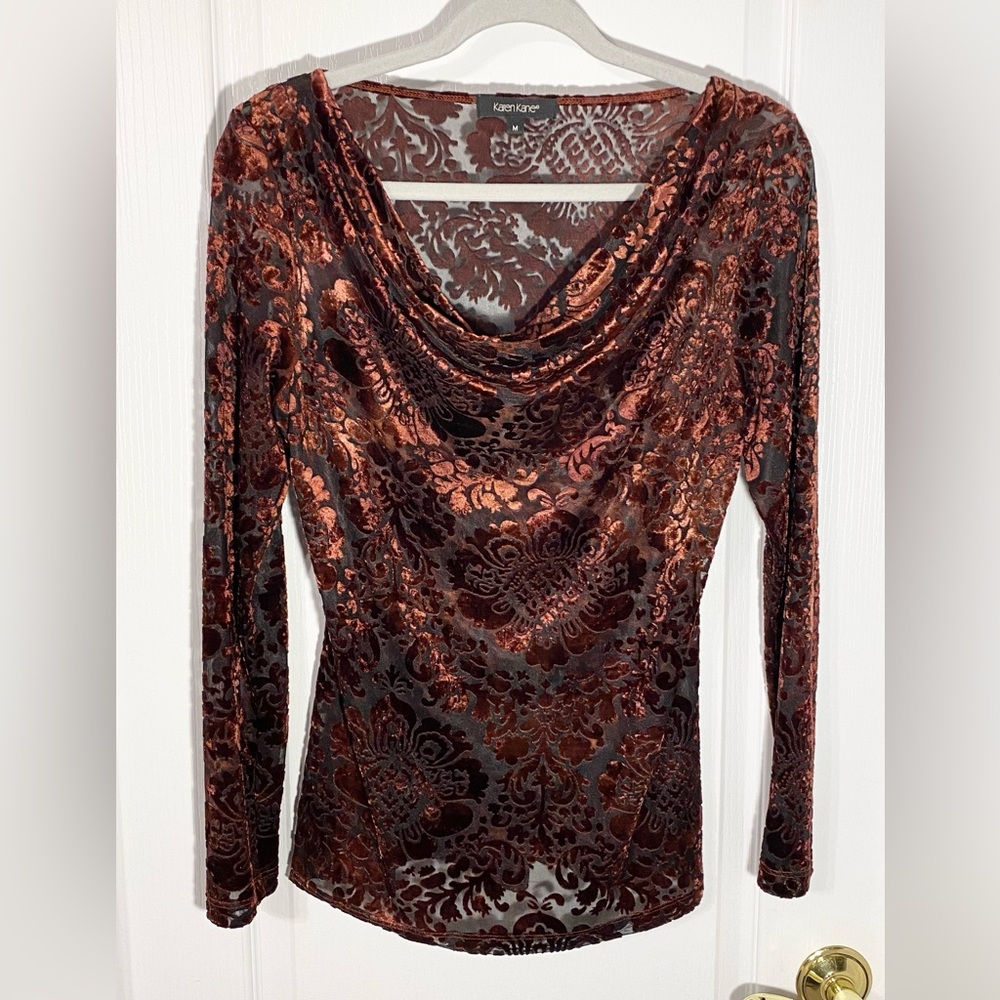 Karen Kane Cowl Neck Oxblood Velour Floral & Gray Mesh Stretch Blouse Medium